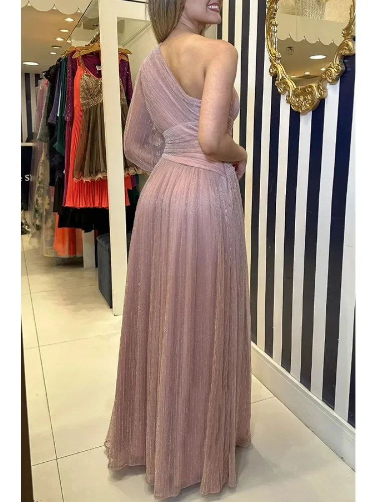 Women's Spring/Autumn Party Slant Shoulder Versatile Solid Color Elegant Dress Loose Casual Split Dress Waist Closing Dress