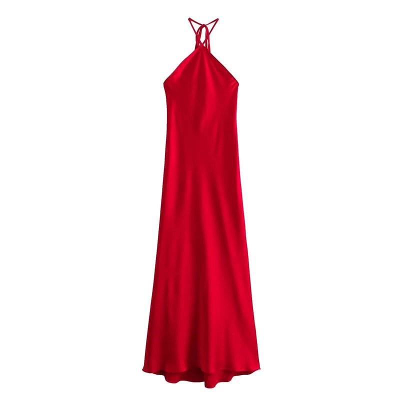 Vestidos Vintage Chiques Femininos Sólidos Sem Mangas Sem Costas Decorar Lace-Up  Slim Vestidos Longos