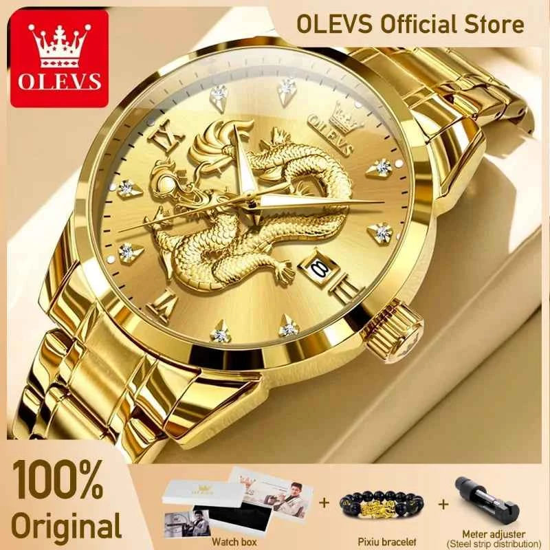 OLEVS Men's Watches Top Brand Fashion Original Quartz Watch for Man China Loong Dragon Dial Waterproof Luminous Date Olevs 3619