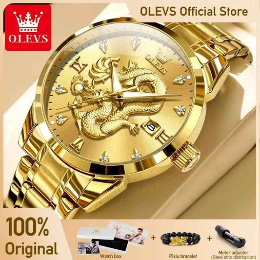 OLEVS Men's Watches Top Brand Fashion Original Quartz Watch for Man China Loong Dragon Dial Waterproof Luminous Date Olevs 3619