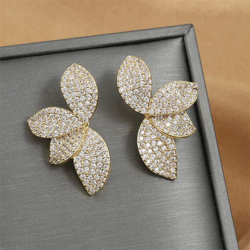 RAKOL Exquisite Full Zircon Leaf Stud Earrings for Women Korean Luxury Jewelry Elegant Flower Earring Bridal Wedding Party