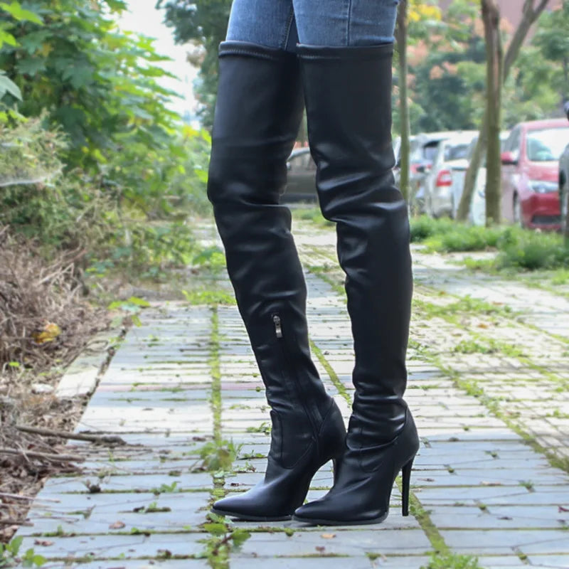 Novas botas acima do joelho femininas, salto alto fino, botas elásticas da moda feminina, tamanho grande 46 47, botas femininas