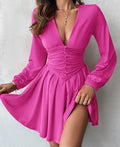 Women's Elegant Party Dress 2024 Summer Autumn Latest Casual Sexy Plumge Ruched Lantern Sleeve Mini Dress Button Short Skirt