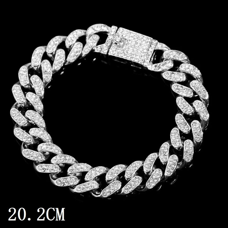 Fashion Bling Paved Rhinestone Prong Cuban Chain Bracelet for Women Men Hip Hop Iced Out Chunky Link Chain Bracelets New Jewelry