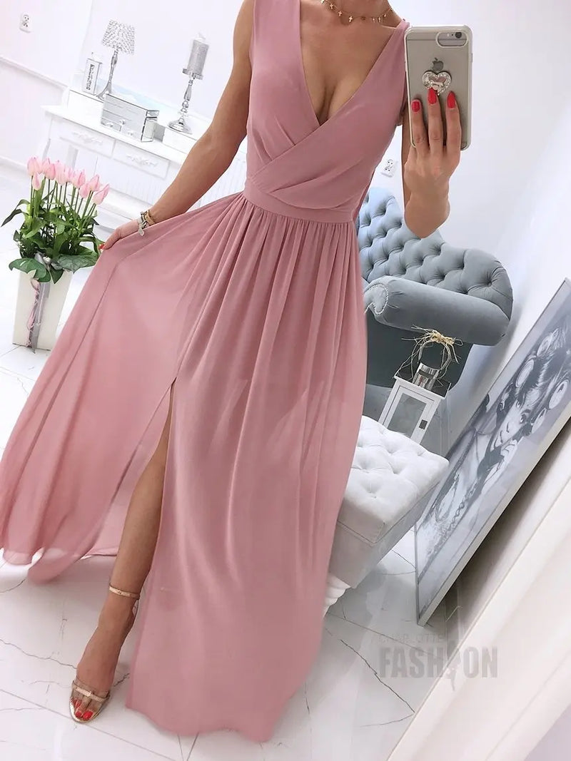 Women's Summer New Sleeveless and Ankle Skirt Solid Color V-neck Front Split Dress Dress