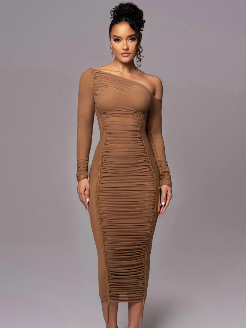 Hugcitar Mesh Solid Diagonal Collar Long Sleeve Draped Sexy See Through Bodycon Maxi Dress Summer Fashion Clothes Festival Club