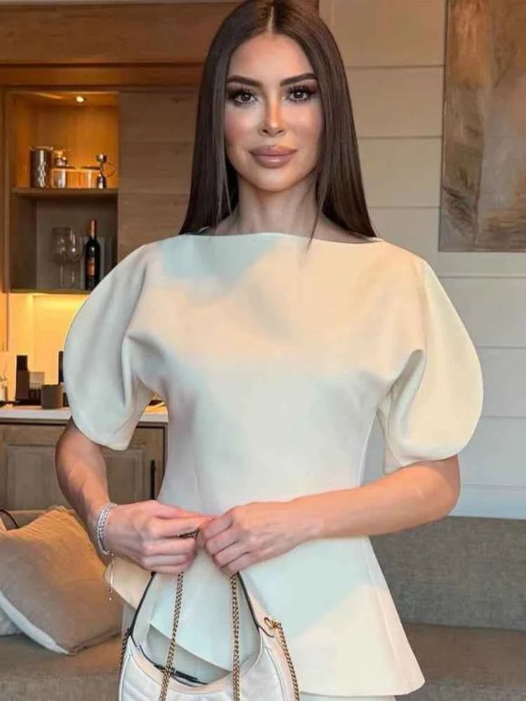 SLTNX Women's Elegant Vintage Short Puff Sleeve O-Neck Asymmetrical Hem Blouse - 2026 Spring Summer Y2K Streetwear Top