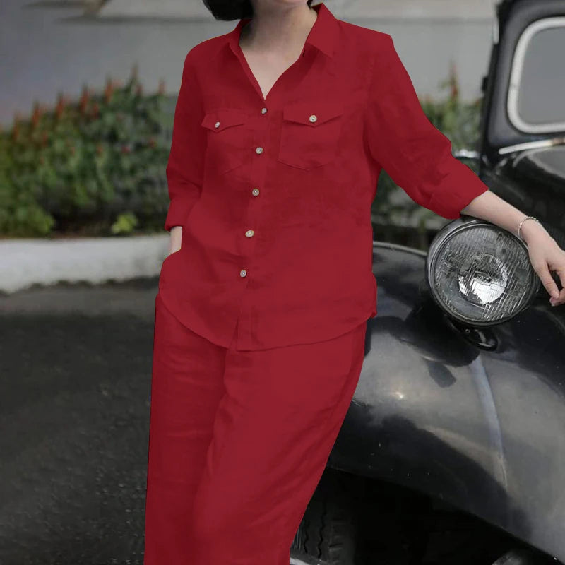 Women Elegant Lapel Neck Long Sleeve Shirt Pants Sets 2PCS Fashion Autumn Outifits Solid Work Trousers Suits Tracksuit