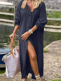 Vestido longo de algodão e linho, camisa com botões e decote em V, vestidos brancos, nova moda feminina, roupas elegantes e soltas