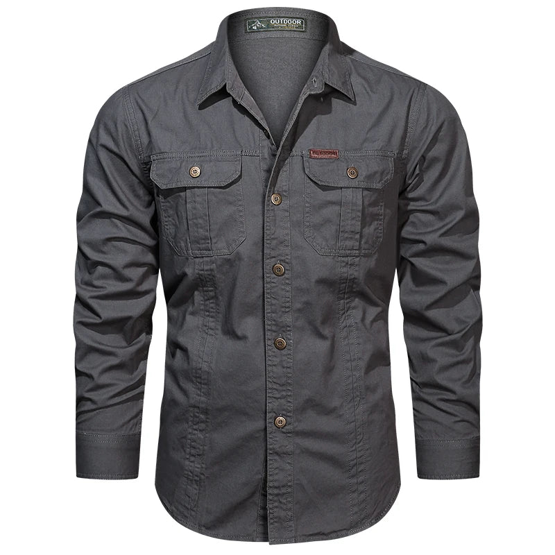 Camisa cargo de algodão para primavera para homens, camisas de manga comprida com vários bolsos, roupa casual para atividades ao ar livre, camisa militar de alta qualidade