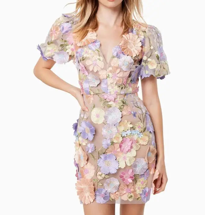 Women's Evening Dress 2024 Spring/summer 3D Flowers Sexy V-Neck 3D Flower Embroidered Wrapped Hip Lantern Sleeve Short Skirt