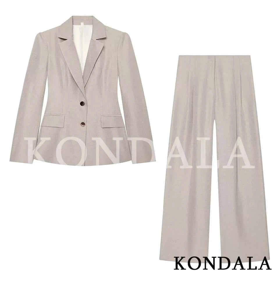 KONDALA Woman Commute Chic Pants Suit 2026 Trendy Spring Fall Elegant Simple Office Lady Set Button Slim-Waist Blazer,Long Pants