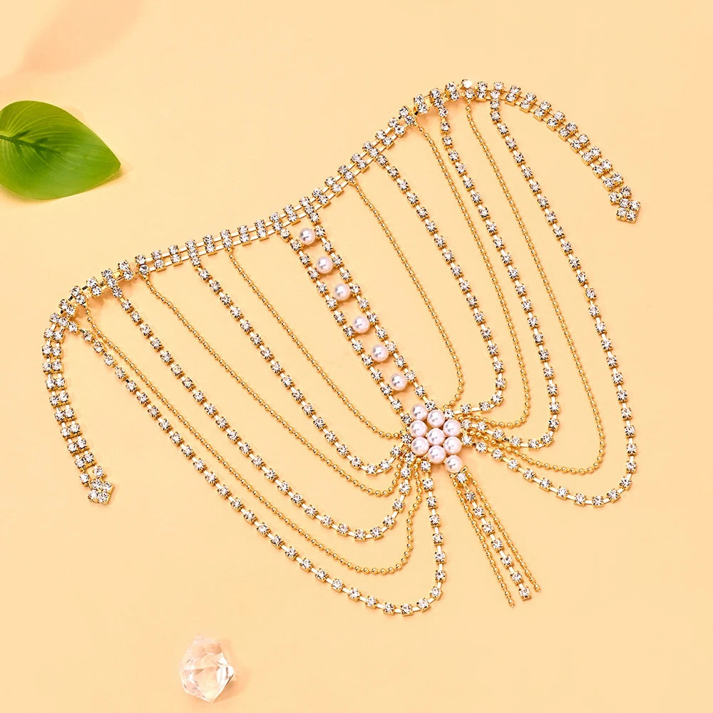 Multilayer Rhinestone Tassel Shoulder Chain Lingerie Accessories 2026 Fashion Round Pearl Bridal Body Chain Top Wedding Jewelry