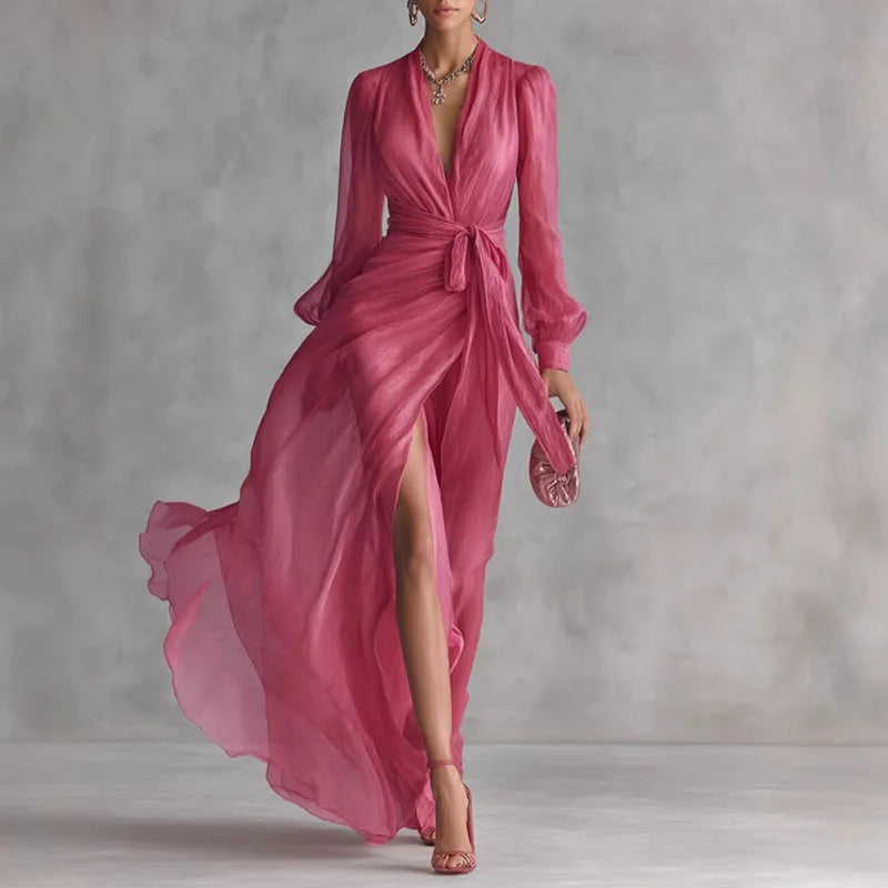 Elegant Deep V Neck Hollow Party Dresses Woman New Spring Wrap Tie Waist High Slit Long Dress Femme Solid Long Sleeve Maxi Dress