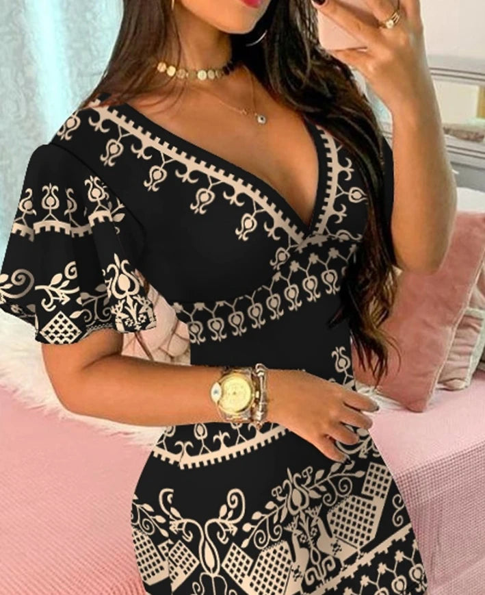 Moda 2024 Primavera Verão Diário Vestido Feminino Elegante Casual Manga Curta Sino Estampa Tribal Mergulho Bodycon Mini Vestido