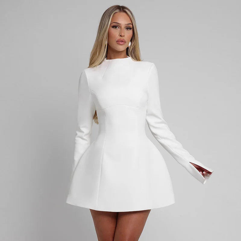 BKQU Elegant Solid Backless Mini Dress Women High Waist Fashion Long Sleeve Slim A-line Dresses 2024 Autumn Party Evening Dress