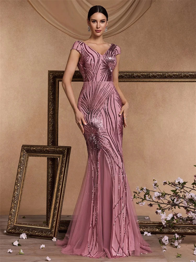 Luxury Cap sleeve V-neck Sequin Formal Evening Dress Women 2025 Elegant Mermaid Party Maxi Prom Arabia Cocktail Graduation Gowns