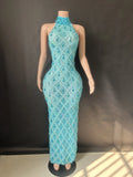 Women Sexy Stage Shining Rhinestone Sequins Dress Evening Prom Birthday Dress Transparent Performance Singer Club Host Dress  7G