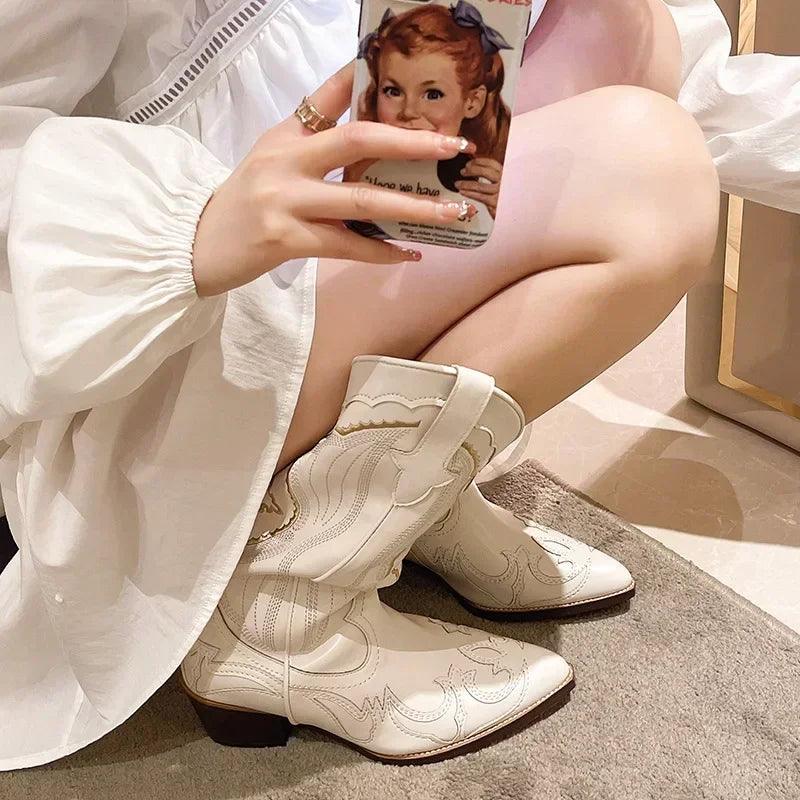 Women's Embroidered Western Mid Calf Boots Cowboy Square Heels Boots Pointed Toe Platform Boots Women Western Shoes Plus Size42 - CRAVO ROSE