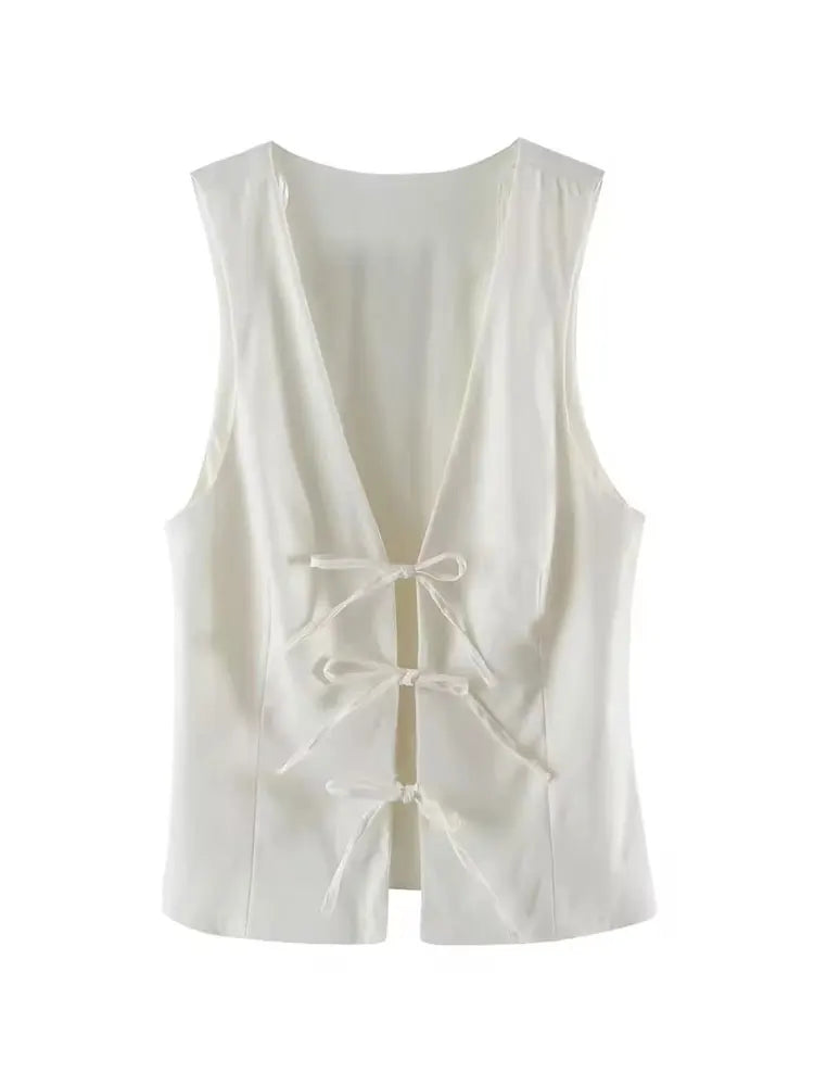 HH Women Elegant Lace Up V-Neck Waistcoat Sleeveless Tie Front Slim Vest Casual Office Wear Retro Y2K Street Fashion Chic Top