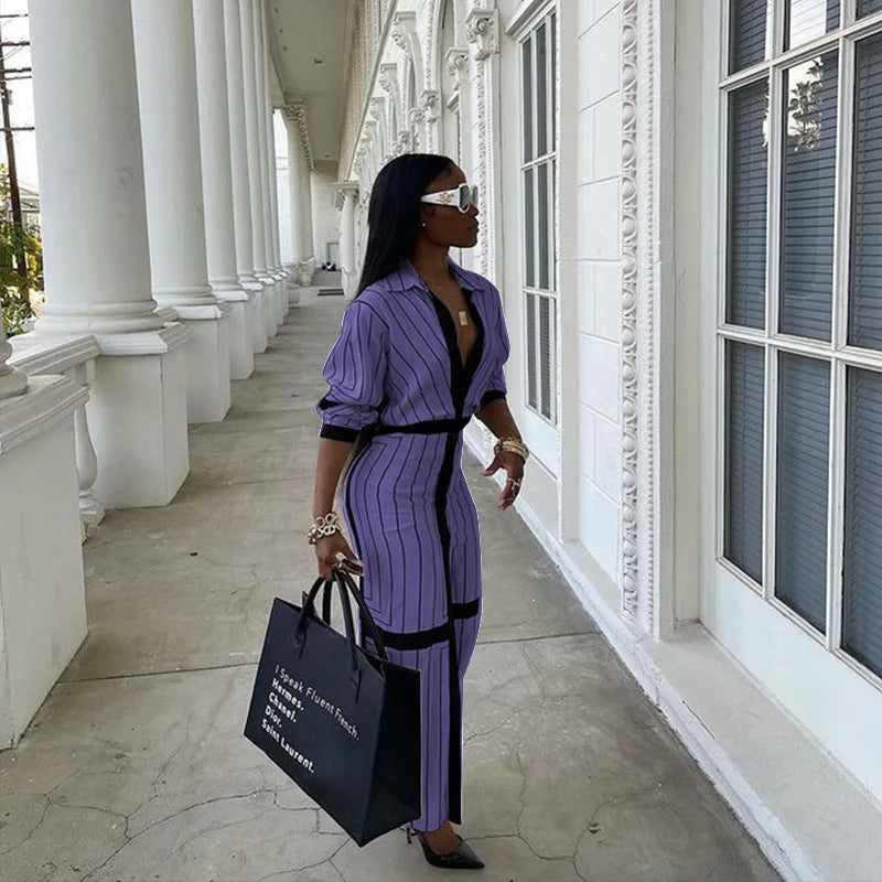 New Fashion Shirt Long Dress Women's Turn Down Button Elegant Office Lady Long Sleeve Dresses Women Casual Striped Maxi Dress