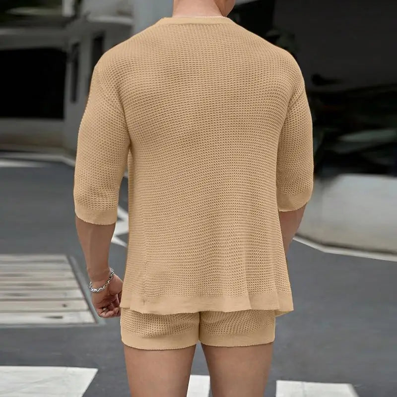 Conjuntos masculinos cor sólida, cardigan de meia manga e shorts com cordão, duas peças, moda urbana, ternos casuais