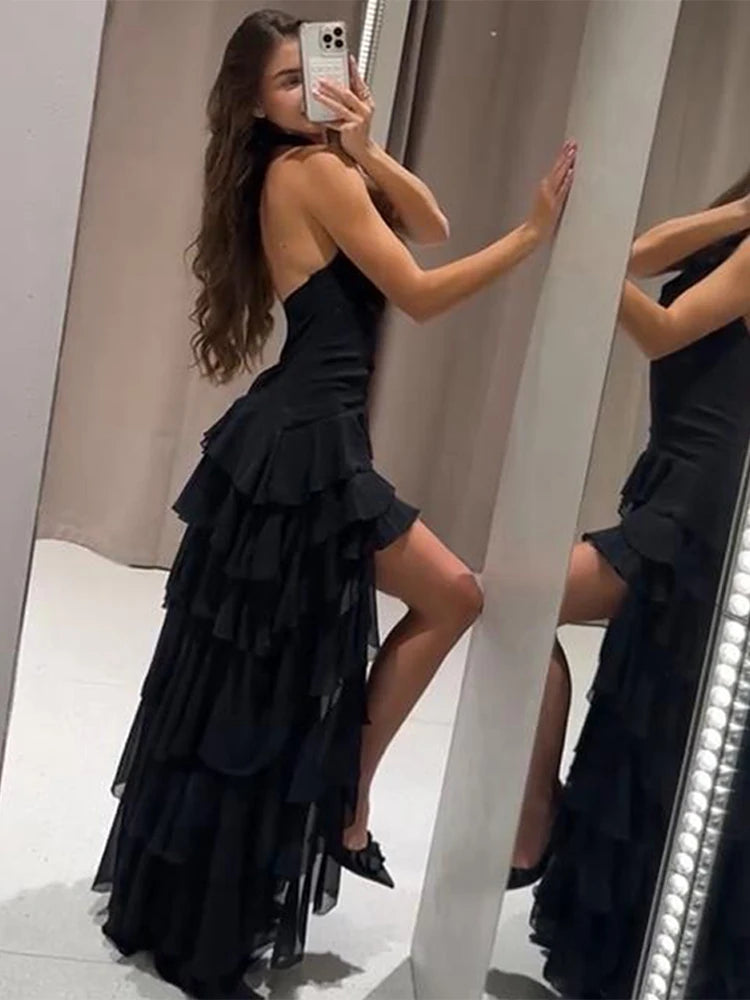 Vestido de festa elegante com babados, sexy, sem costas, sem mangas, estilo halter, para mulheres, verão 2025, chique, bainha irregular, preto, robe feminino
