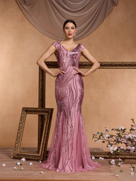 Vestido Longo de Festa com Lantejoulas, Decote em V e Modelagem Sereia