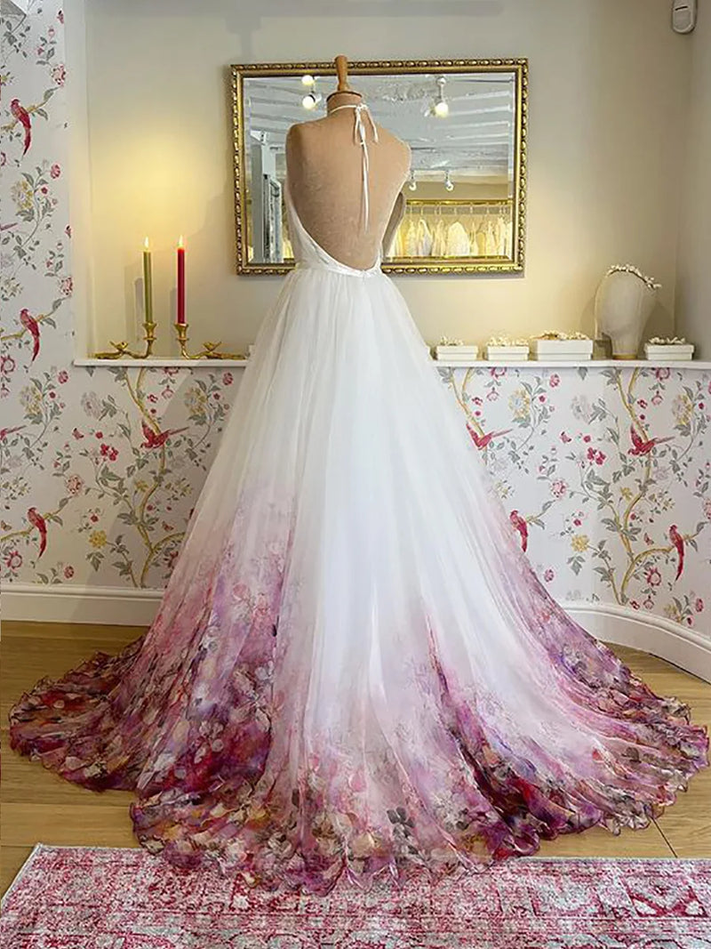 Vestidos de noiva estampados com flores e envoltórios, vestidos de noiva em forma de coração para noiva, robe de mariée, cauda longa de praia para mulheres - CRAVO ROSE