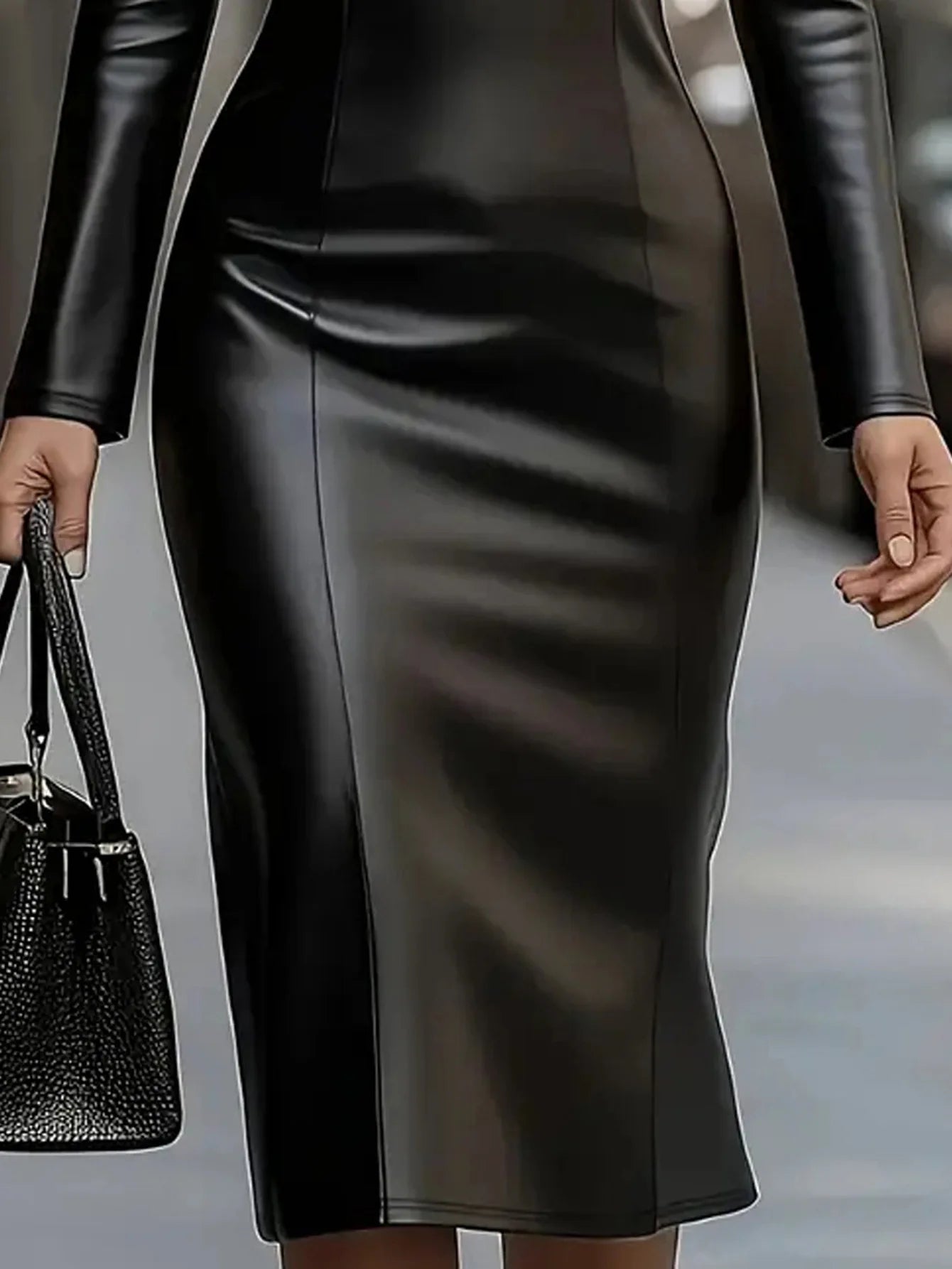 Elegant PU Leather Slim Fit Dress with V-Neck Long Sleeve Bodycon Skirt Fashionable Elastic Mid-Length Single Piece Wrap around