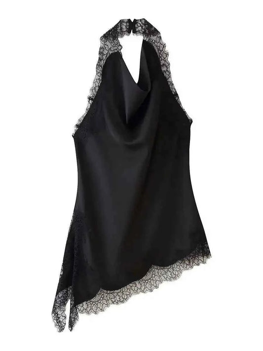 2026 Women's Sexy V-neck Backless Black Asymmetrical Lace Camisole Lady Vintage Sleeveless Slip Evening Party Halter Blouse Tops