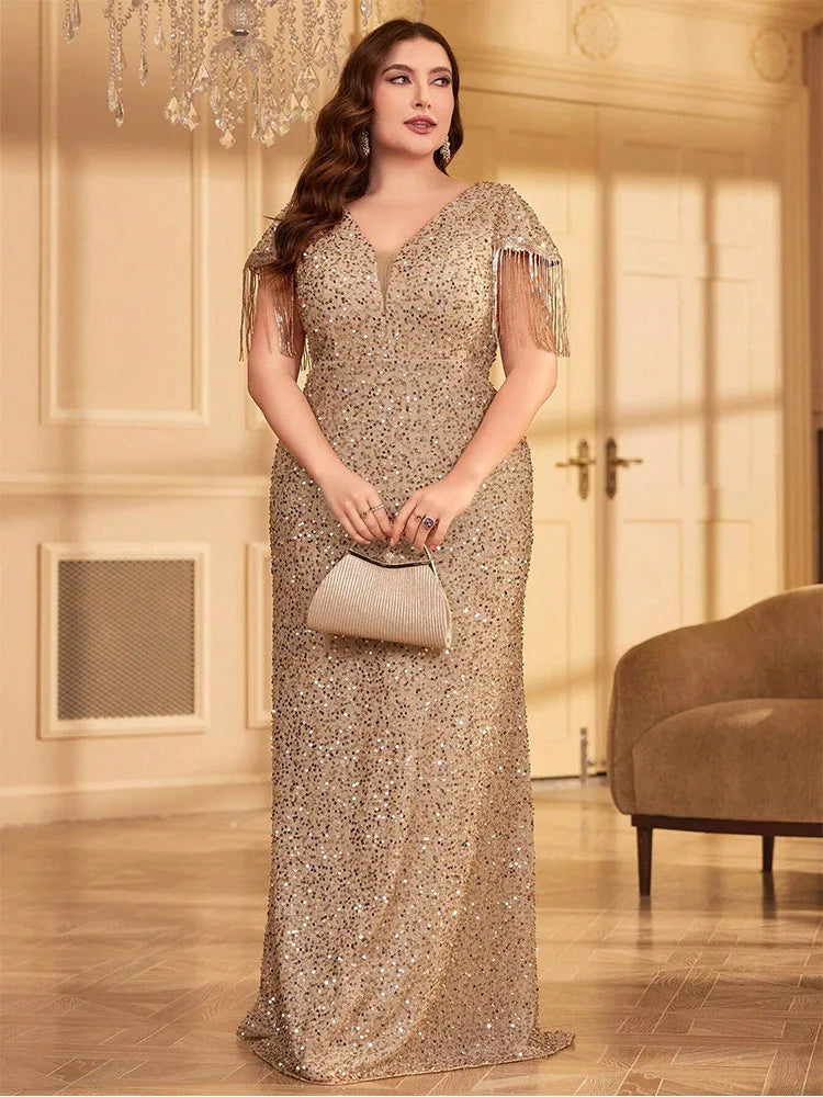 Plus Size Apricot Sequin Luxury Evening Dress 4XL 5XL Big Size Sparkling Prom Banquet Evening Dress Prom Gown 2024 Evening Dress