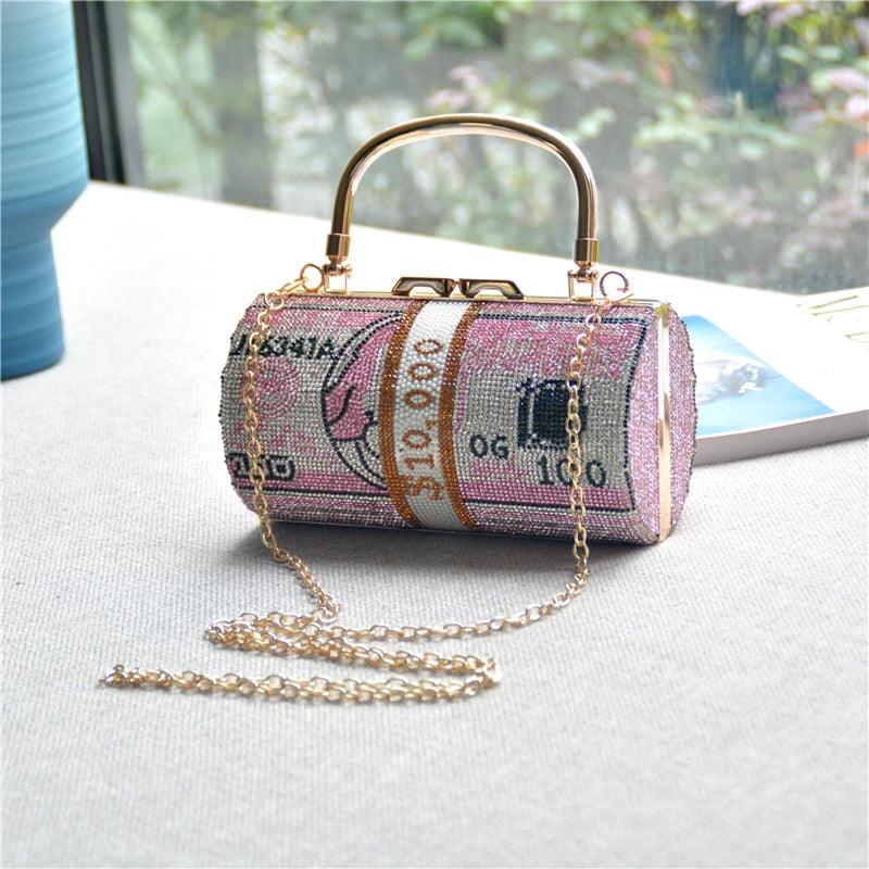 Luxury Money Clutch Rhinestone Purse 10000 Dollars Stack of Cash Evening Handbags Shoulder Wedding Dinner Bag 8 Color Wallet - CRAVO ROSE