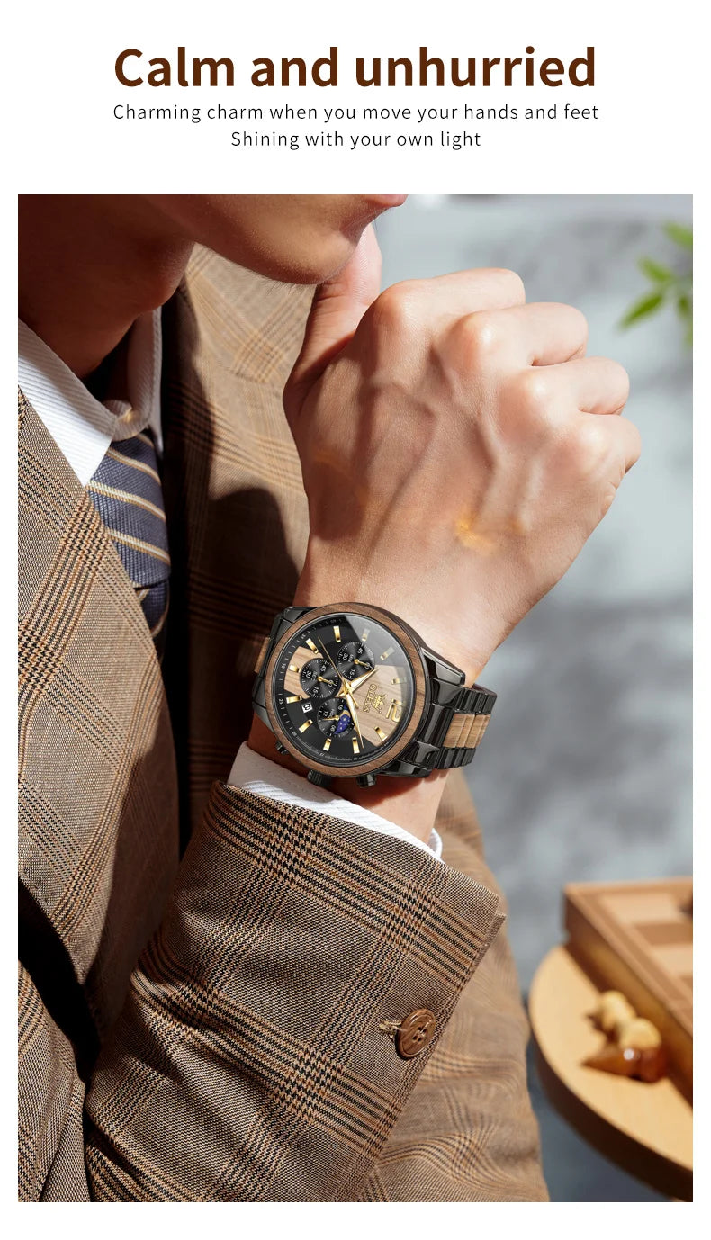 OLEVS 3645 Mens Watch Top Brand Business Original Quartz Watch Solid Wood Multifunctional Chronograph Watch Moon Phase Reloj New