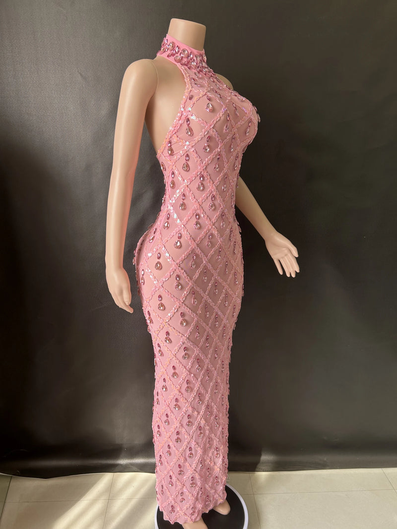 Women Sexy Stage Shining Rhinestone Sequins Dress Evening Prom Birthday Dress Transparent Performance Singer Club Host Dress  7G