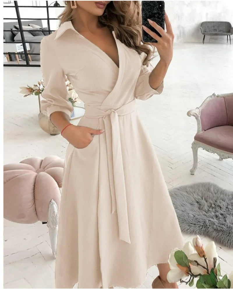 Autumn New Casual Women's Fashion Long-sleeved V-neck Printed Pattern Mid-length Elegant Printed Women's Dress
