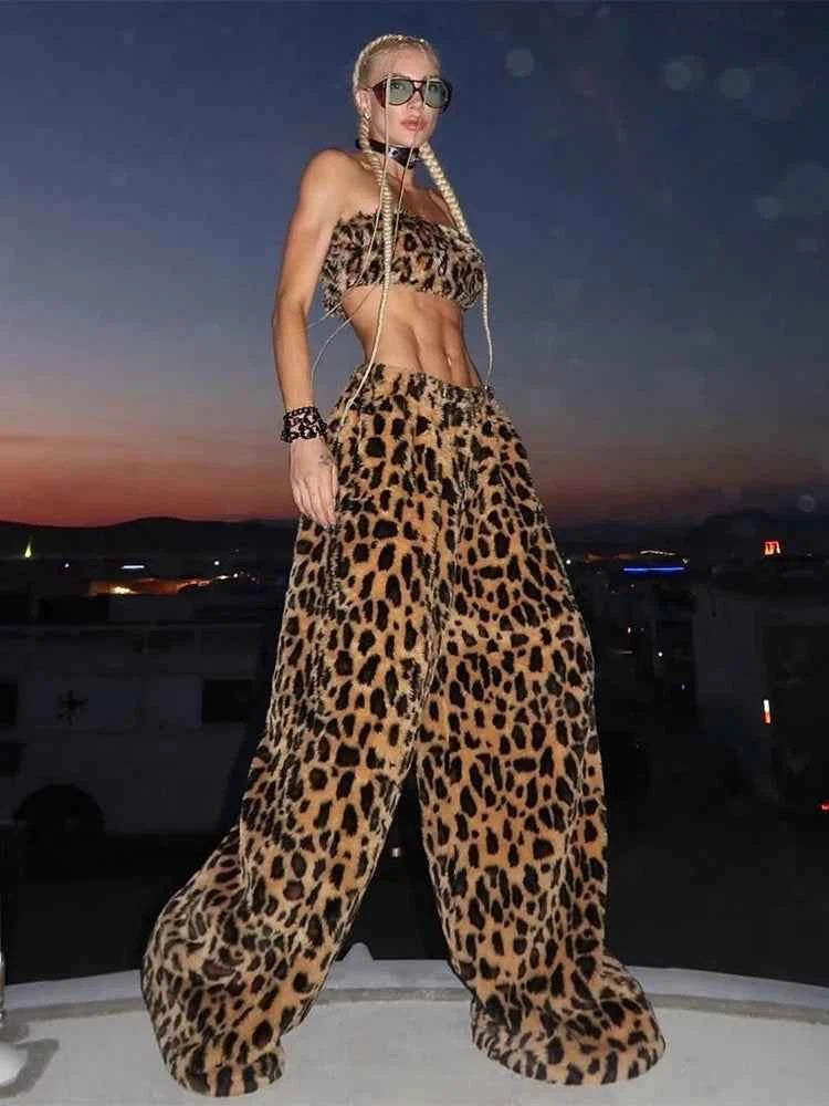 Kliou Fashion Furry 2 Piece Set Woman Leopard Print Chest Wrap Tank Tops+Straight Long Pant Hot Girls Street Hip-Hop Style Suits