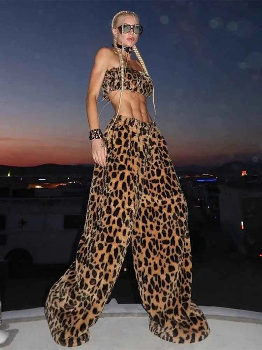 Kliou Fashion Furry 2 Piece Set Woman Leopard Print Chest Wrap Tank Tops+Straight Long Pant Hot Girls Street Hip-Hop Style Suits