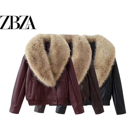 Loose Pure Color Coat Jacket for Women with Fur Collar Commuter Style Versatile ZR Fashion Polyester Short Outerwear