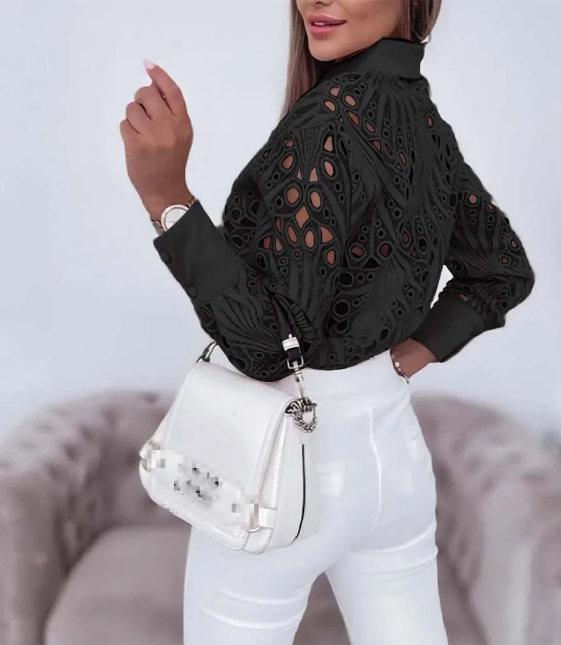 New Fashion Lace Hollow Long Sleeve Shirt For Women 2025 Spring Autumn Elegant Office Lady Blouse And Tops Casual Button Shirts