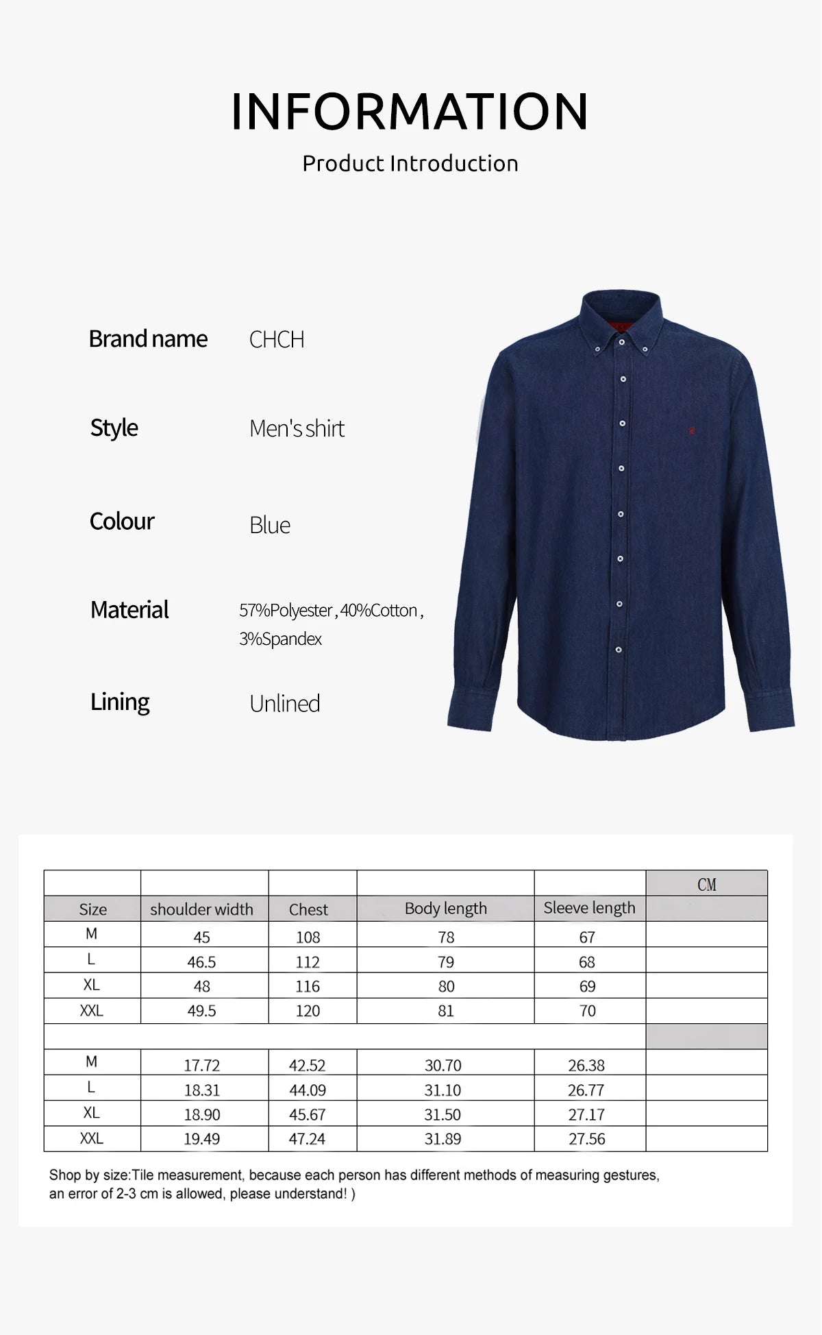 CHCH New Men's Shirt Long Sleeve Button Down Social Business Casual Solid Color Shirts for Men