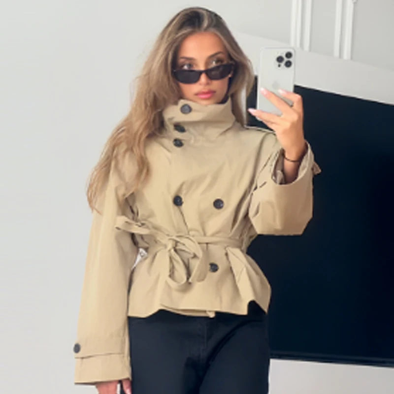 HXAO Crop Khaki Windbreaker Women's Jacket Autumn Fashion Stand Collar Long Sleeve Trench Coat Double-Breasted Belt Outerwears