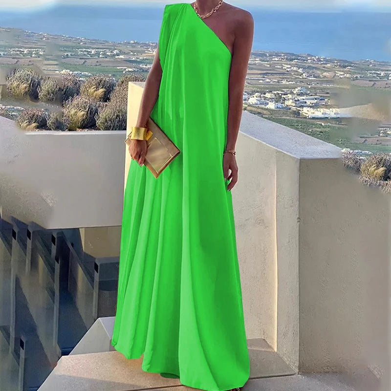 Vestido de festa de verão sem mangas, moda praia, cor sólida, um ombro, solto, temperamento feminino, gola inclinada