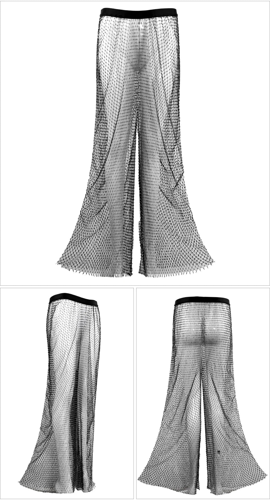 Sparkle Diamante Fishnet Wide Leg Trousers Crystal Mesh Flare Pants High Waisted Rhinestone Split Hem Leggings