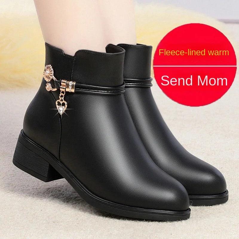 Soft Leather Mother Cotton Shoes Fashion Spring Winter Middle Heel Rhinestone Womens Snow Boots Comfortable Soft Sole Short Boot - CRAVO ROSE