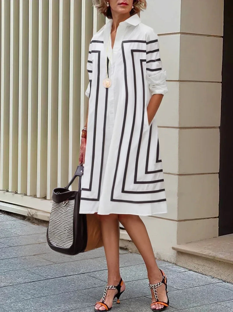 Uoozee Female Stylish Black White Contrast Color Elegant Evening Dresses 2024 New Spring Long Sleeves Casual Lapel Shirts Dress
