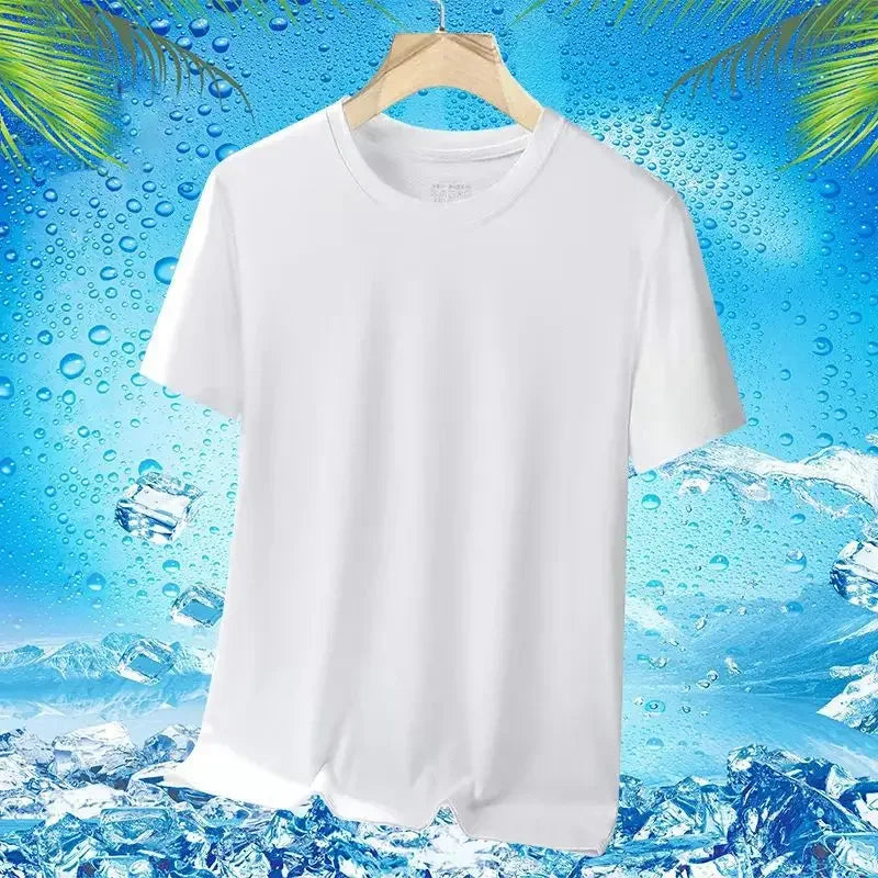 Camiseta masculina de manga curta, de seda gelada e secagem rápida, nova malha respirável, ajuste solto, gola redonda, camisa esportiva casual para o verão