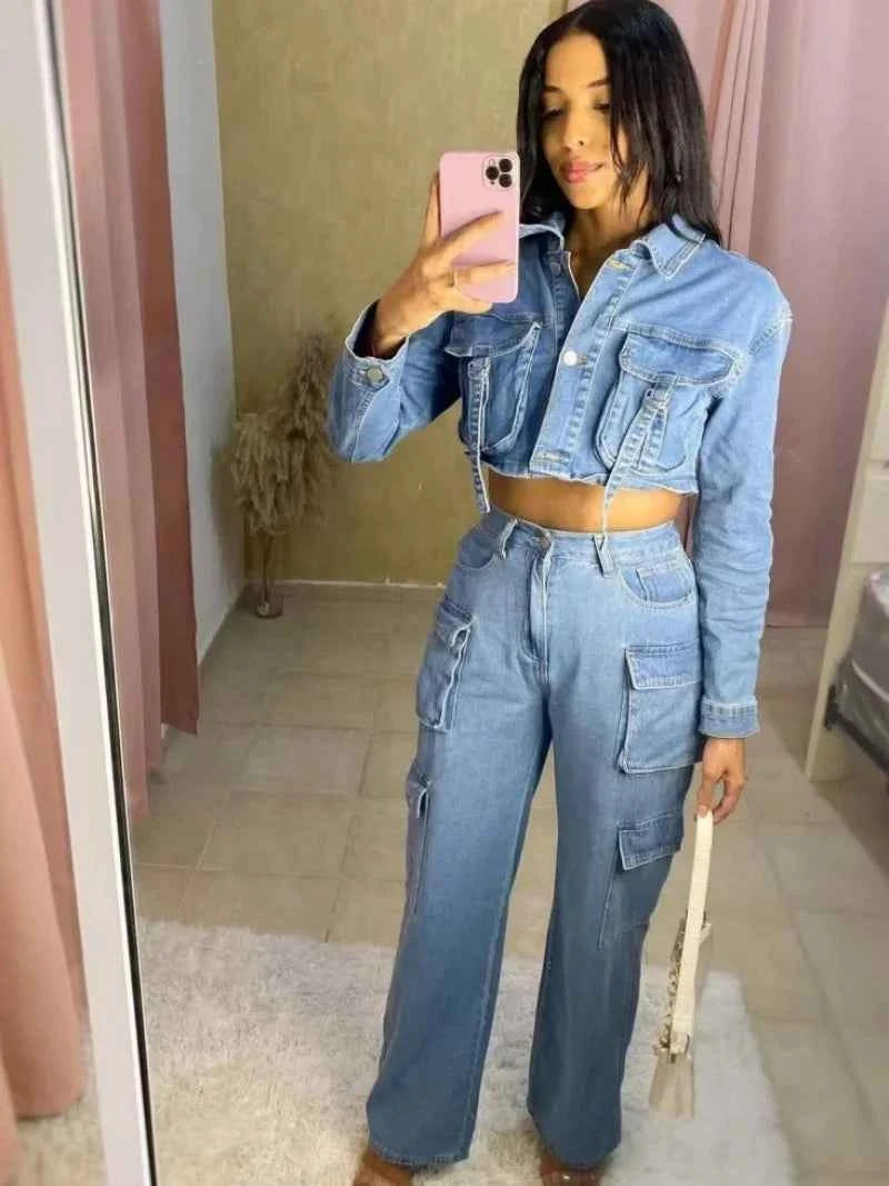 Street Denim 2 Piece Sets Women Outfit Autumn Clothes Women Jean Cropped Jacket Straight Jeans Pant Sets Safari Style Woman Sets