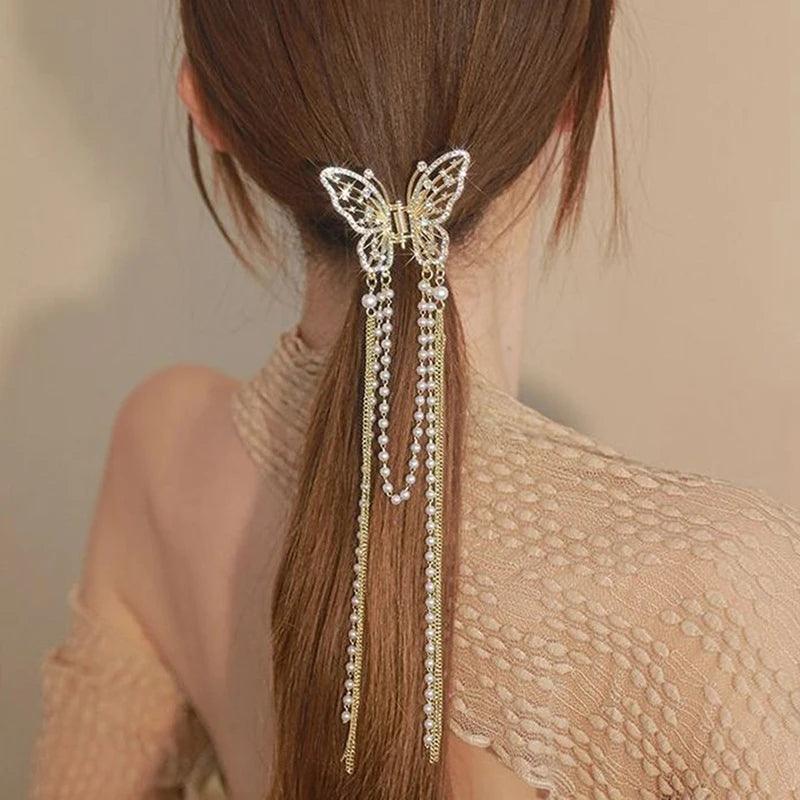 New Crystal Rhinestone Butterfly Pearl Tassel Hairpin Korean Simple Side Clip Liu Hai Clip Shark Hairpin Hair Accessories Women - CRAVO ROSE