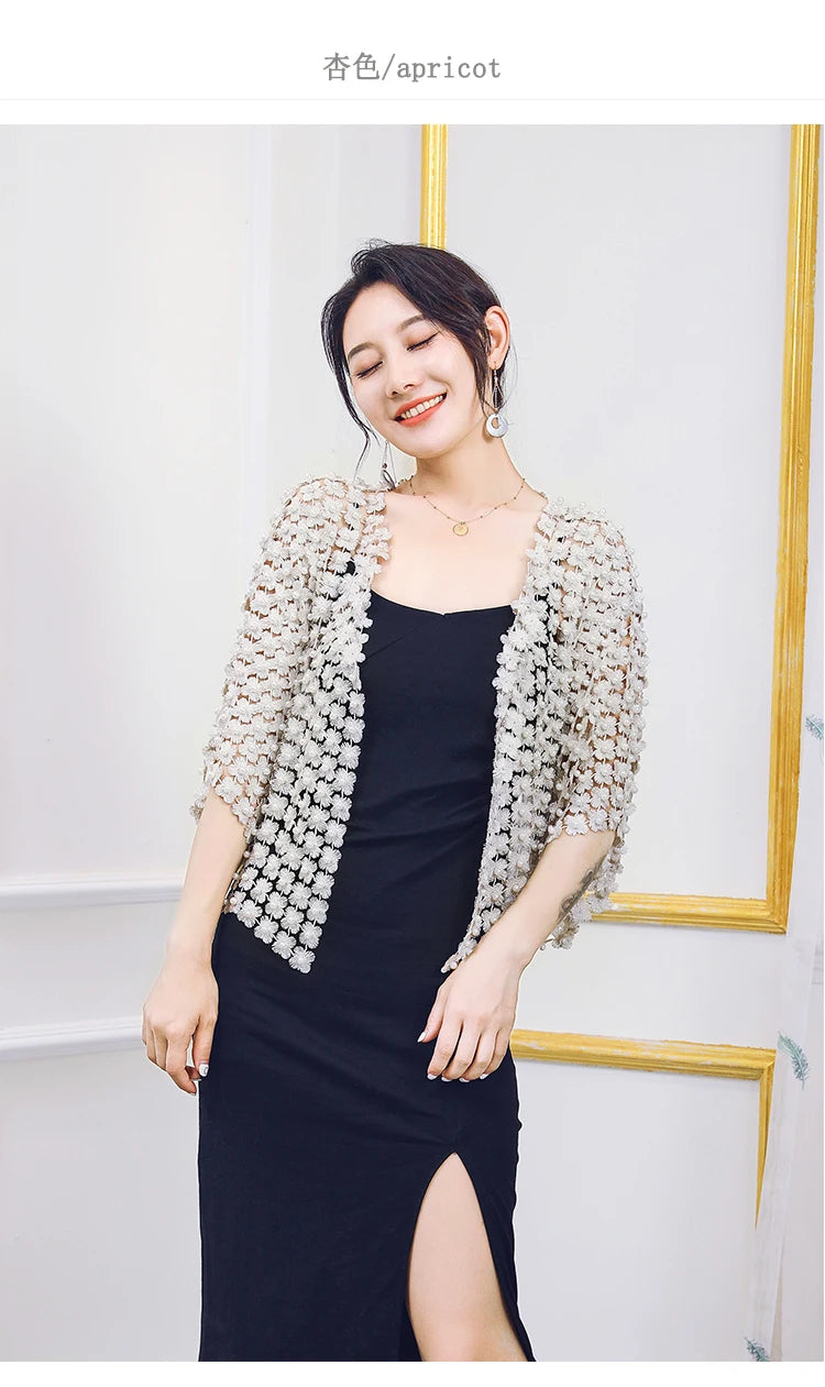 Women Beads Coat 2025 Summer Style Women Perspective Shawl Fashion Hollow Out Lace Boleros Short Sleeve Coats Jackets Femal